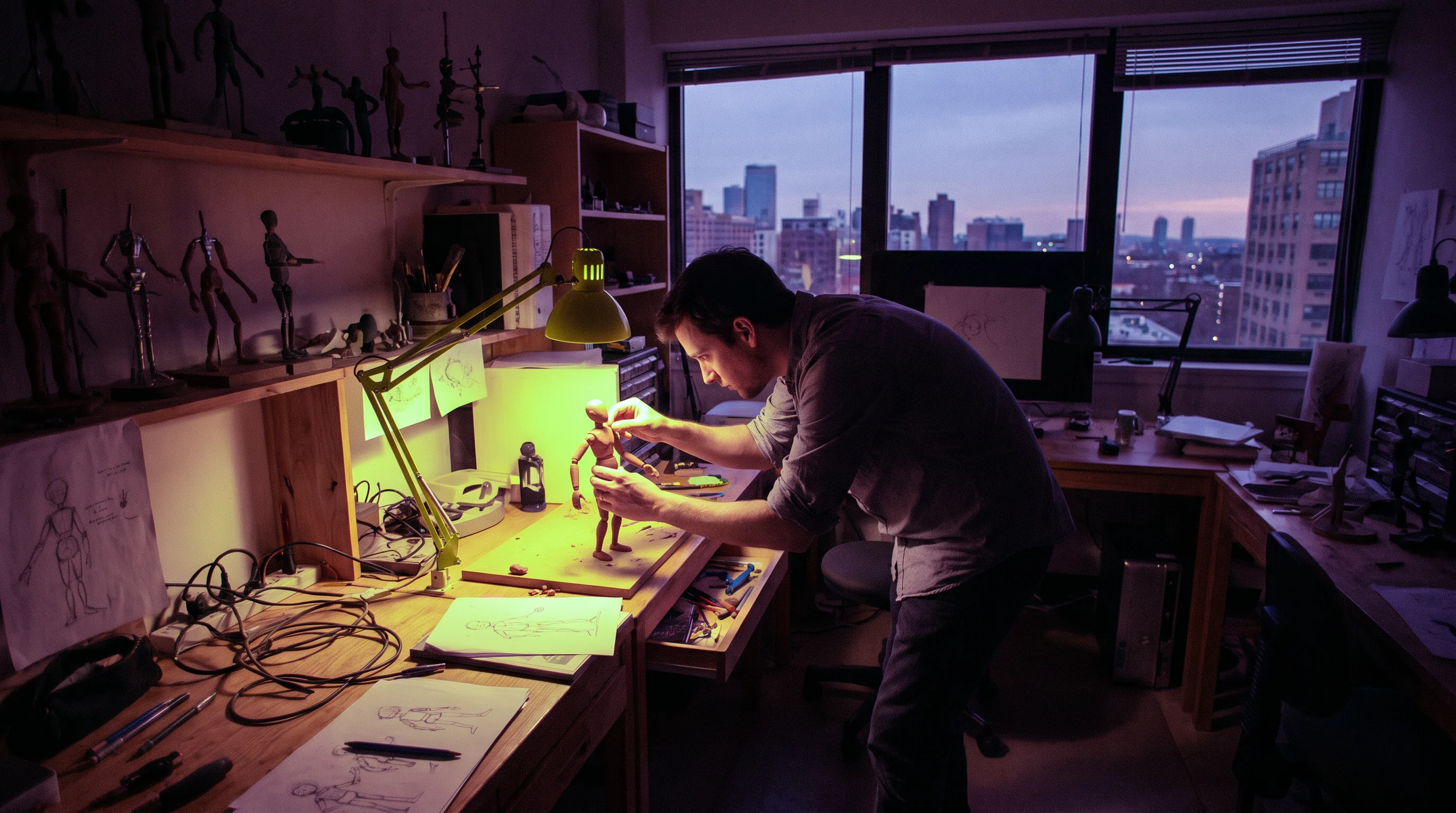 Animator adjusting a small character maquette in a low-lit studio