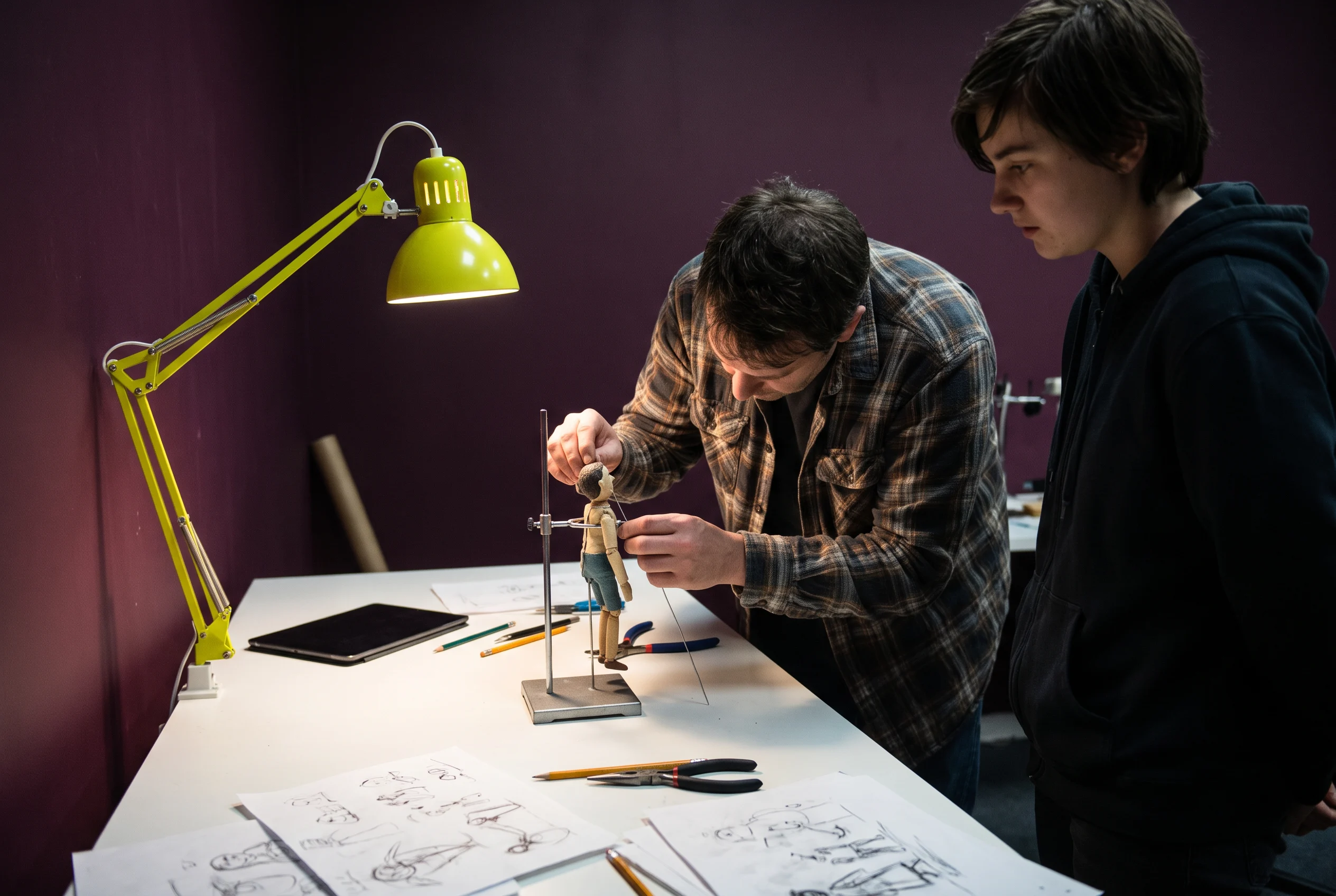Two animators testing a physical puppet rig at a studio table