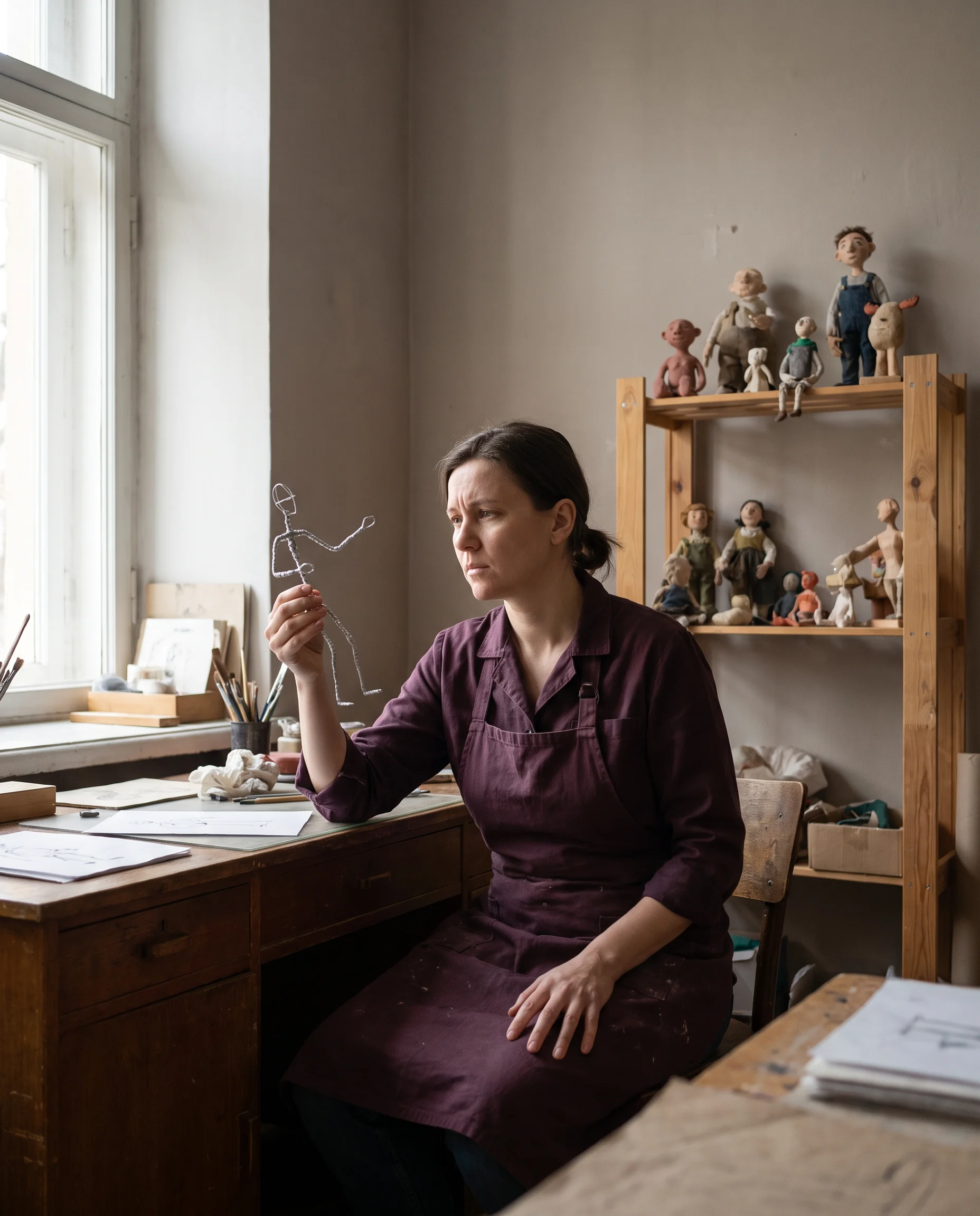 Animator studying a wire armature beside handmade puppet maquettes