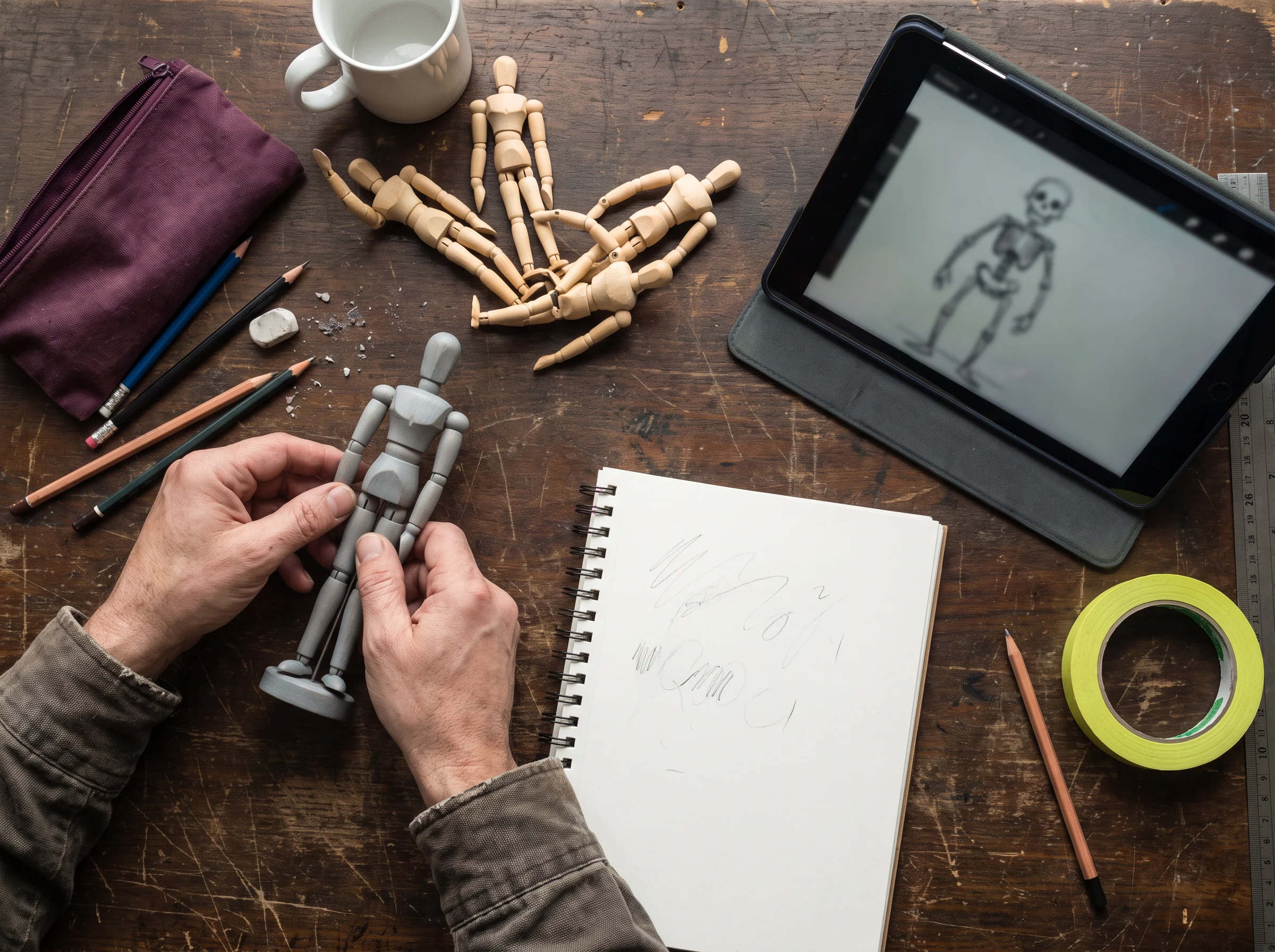 Overhead animator desk with articulated wooden figures and a tablet
