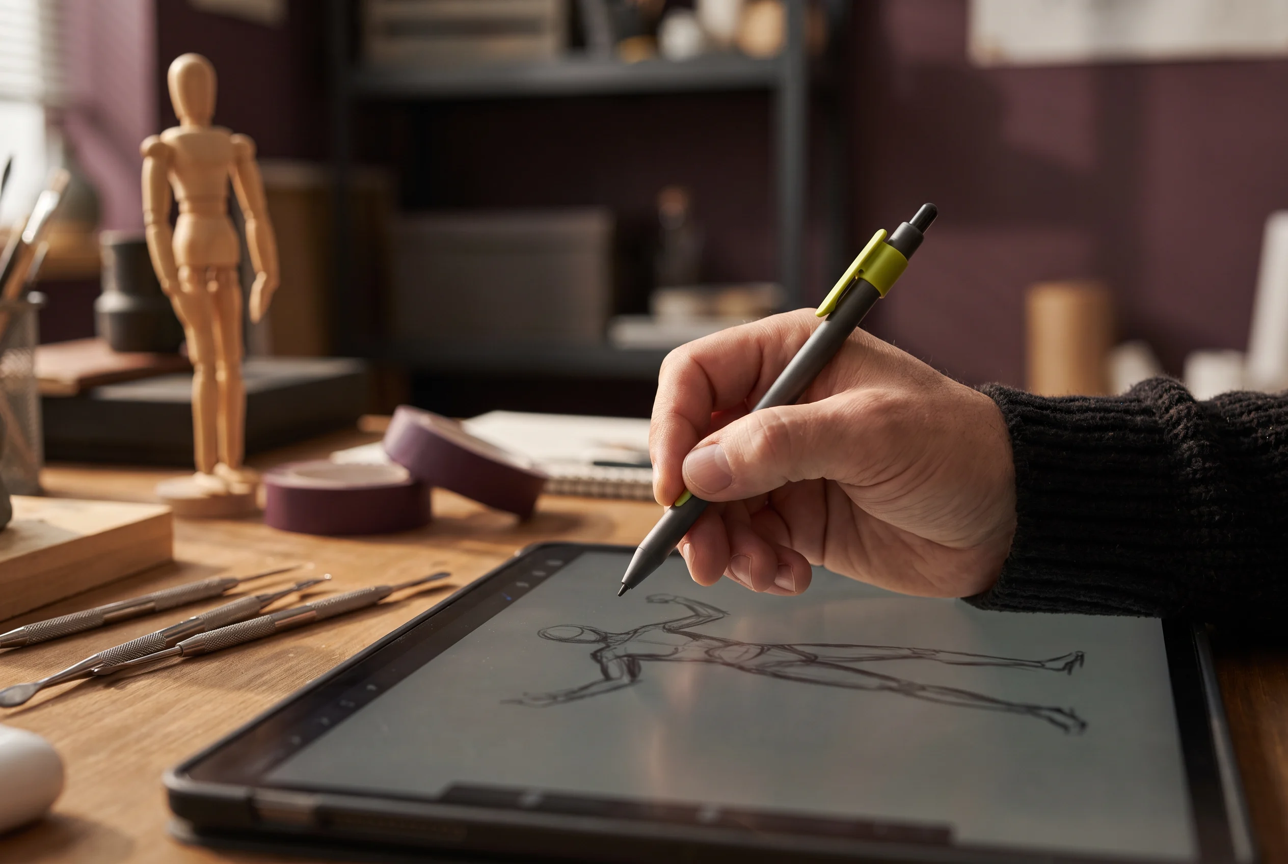 Hand using a stylus to refine a character gesture drawing