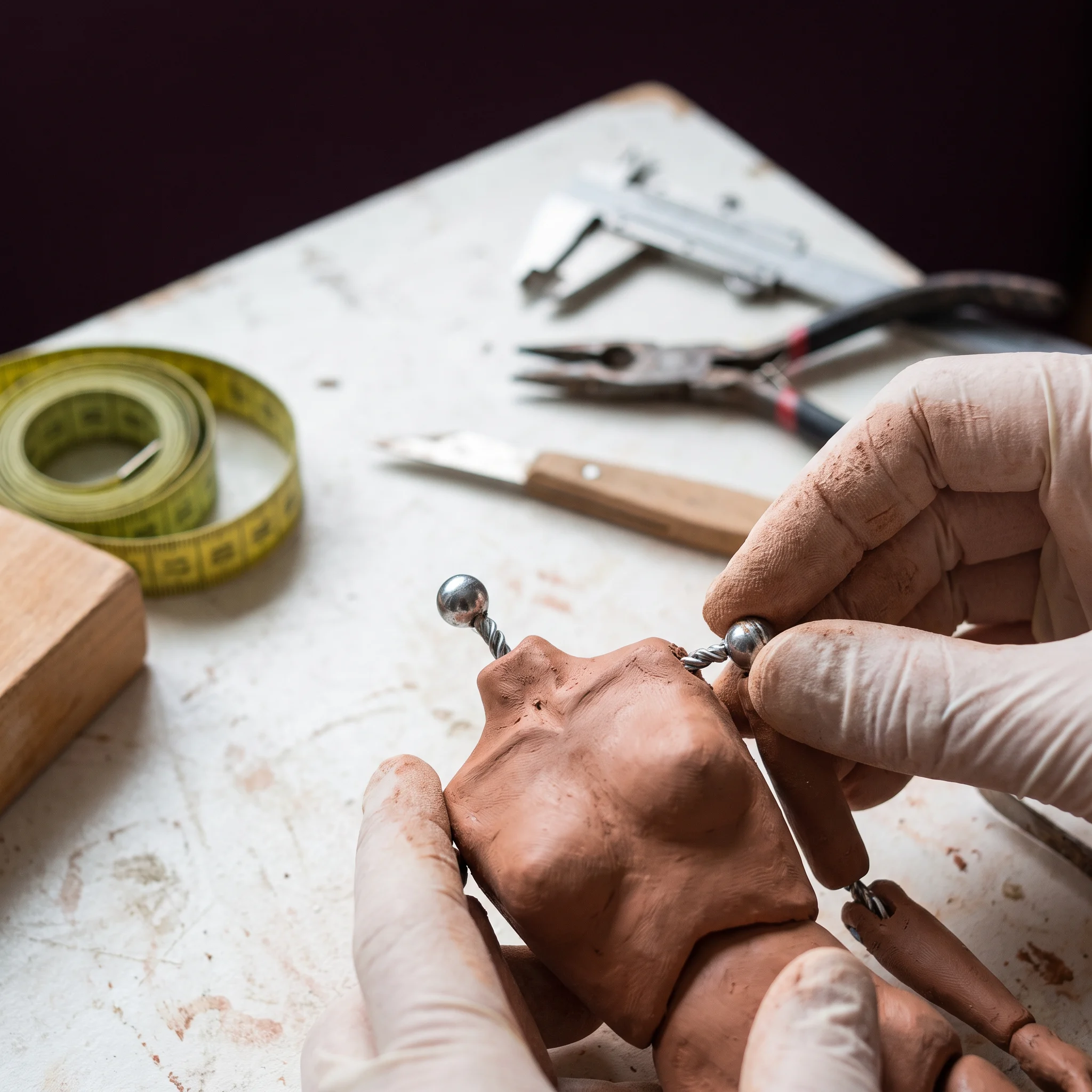 Hands testing a clay puppet shoulder armature joint