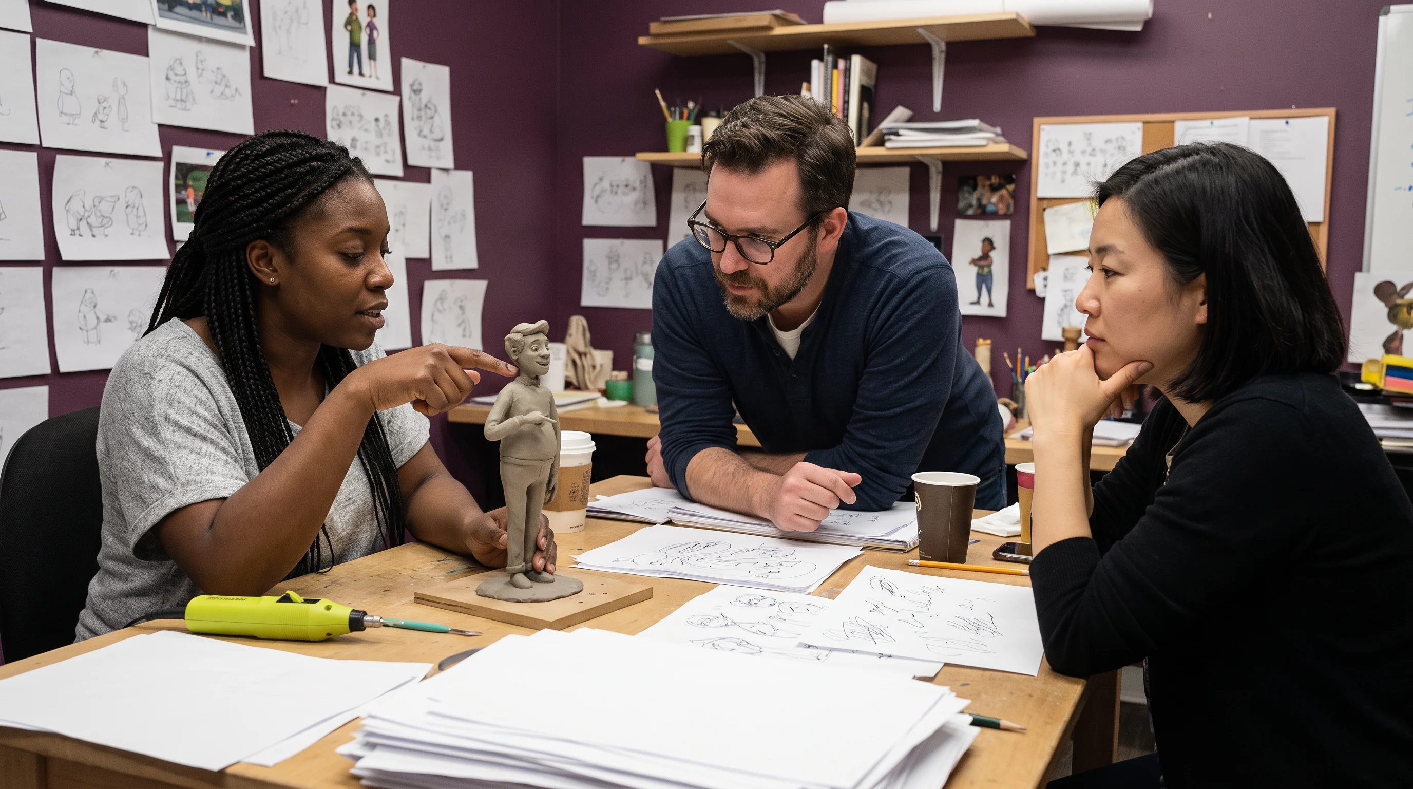 Three animators giving feedback around a character maquette