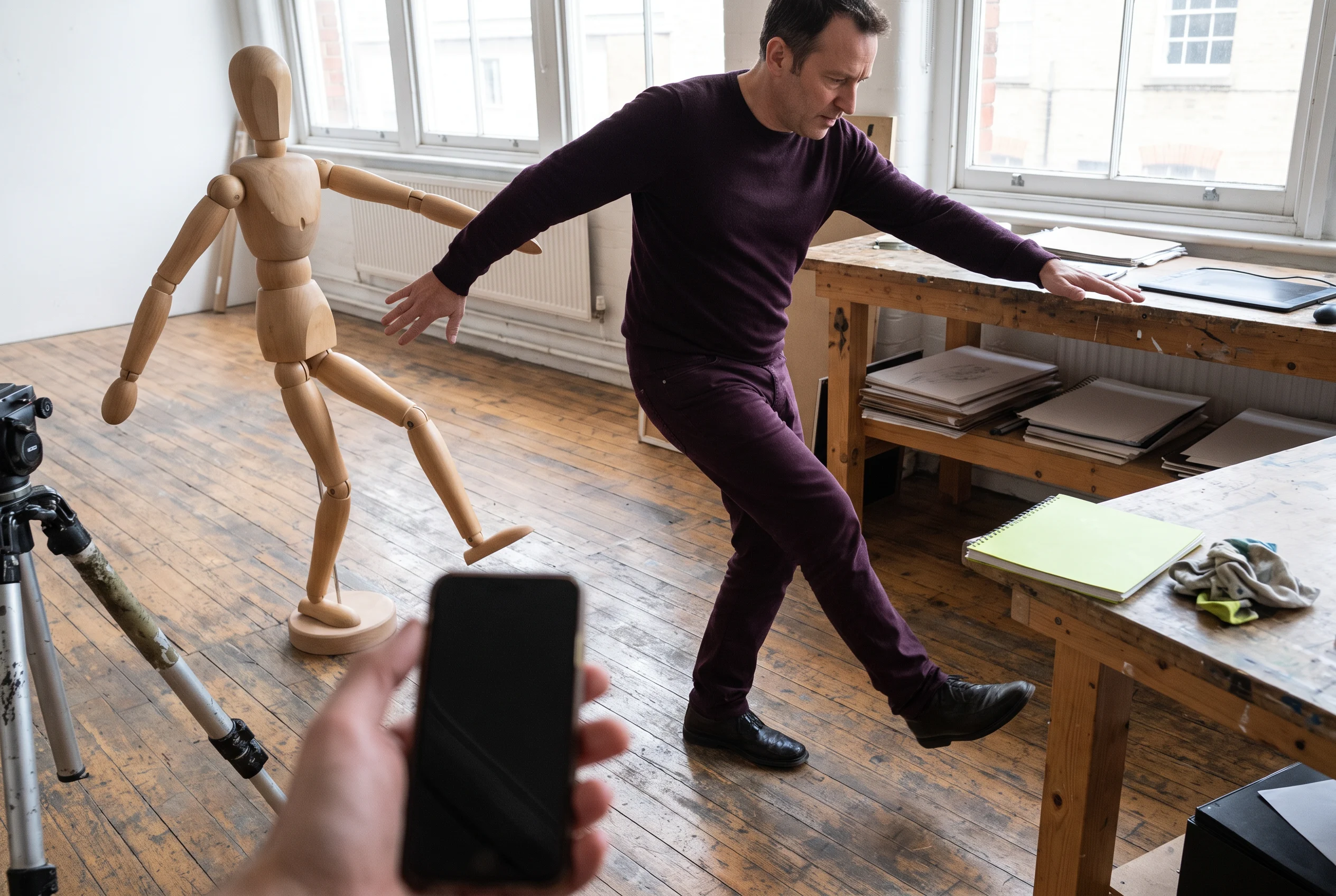 Animator performs a stepping movement beside a wooden mannequin