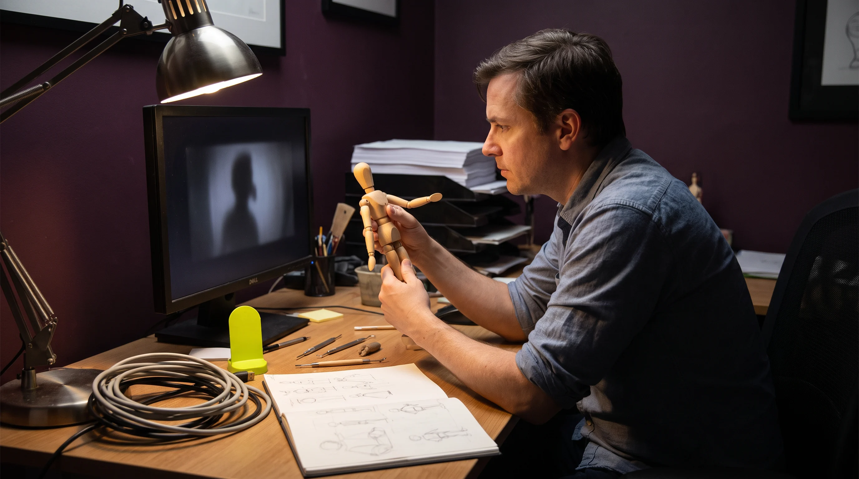 Animator examining a wooden puppet at a side workstation