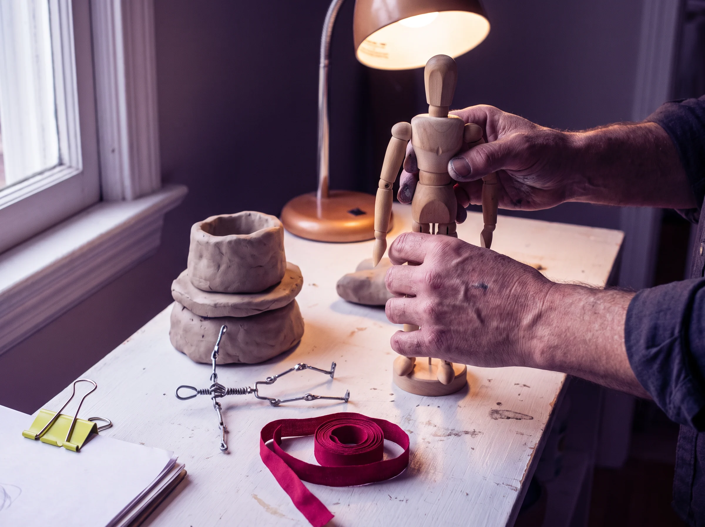 Hands arranging a wooden mannequin and puppet armature objects